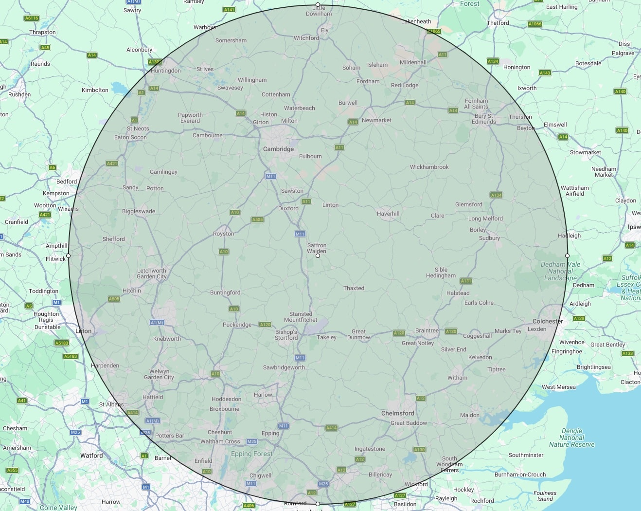20 mile service radius map centred on Saffron Walden